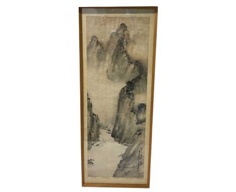 Chinese painting on silk, depicting a mountainous landscape, signed and with seal, 93 x 33cm, in glazed frame