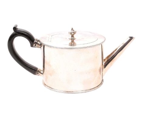 George III silver teapot of oval drum form, with bead borders, flush fitting hinged cover, straight spout and ebony handle (L