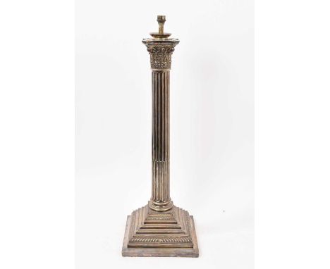 Large size 19th century silver plated Corinthian column lamp base, total height 51cm