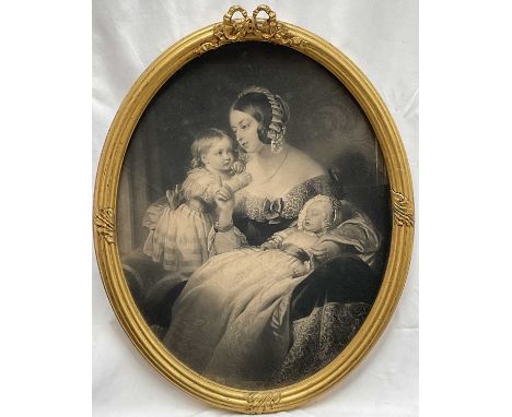 After Sir Edwin Landseer (1802-1873) oval mezzotint - Queen Victoria with the infant Prince of Wales and Princess Royal, 50cm