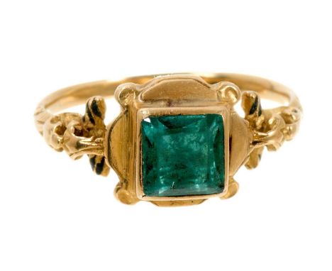Antique Renaissance emerald and gold ring, possibly 16th/17th century, with a square step cut emerald measuring approximately