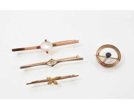 Four Edwardian bar brooches to include an early 20th century Russian gold sapphire ruby and diamond circular brooch, a moonst