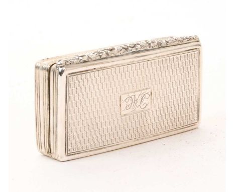 William IV silver snuff box of rectangular form, with gilded interior and hinged cover, with engine turned decoration and eng