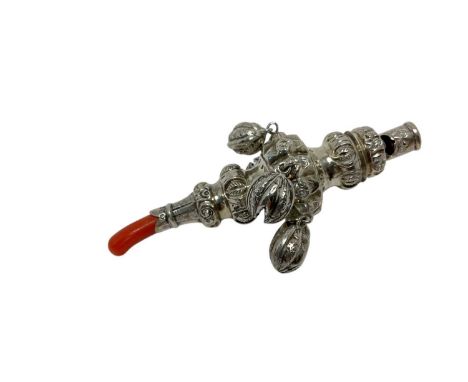 Victorian silver rattle, with embossed decoration and six bells (one missing), a whistle and coral teether (Sheffield 1875) m