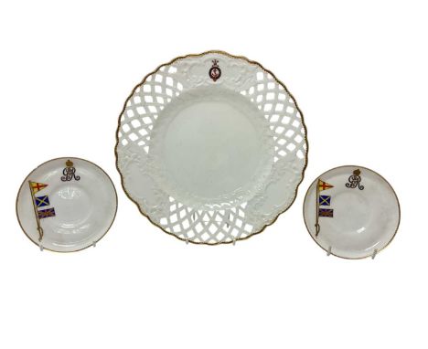 The Royal Yacht 'Osborne', Crown Derby ribbon dessert plated with finely painted Prince of Wales feather crest and 'Royal Yac