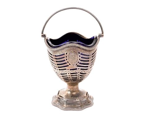 Victorian silver sugar basket with pierced decoration, beaded border and swing handle, on a pierced hexagonal pedestal base, 