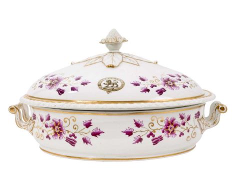 A Flight, Barr and Barr Worcester crested tureen, cover and liner, with puce floral decoration, the crests en grisaille, 35.5