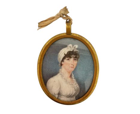 English School, Regency portrait miniature of a lady with white bonnet, oval, 7 x 6cm, glazed gilt metal frame. APHA Ref: NBD