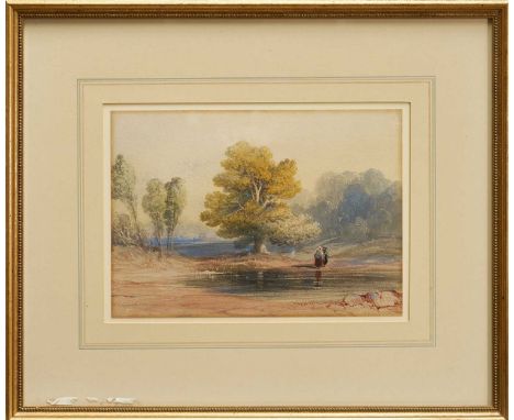 Thomas Miles Richardson Sen. (1784-1848) watercolour - Landscape with figures by a pond, initialled and dated 1839, 22cm x 31