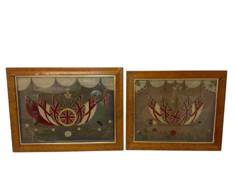 Two First World War needlework panels, embroidered with flags and patriotic symbols, in glazed maple frames, total sizes 44 x