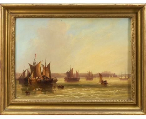 William Calvert, 19th century, oil on canvas - Fishing Boats at Anchor, signed, 25cm x 35cm, in gilt frameRe-lined and restor