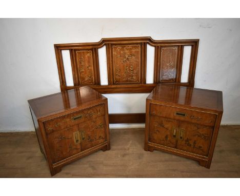 Pair of Drexel Heritage Furniture "Chinoiserie" bedside "nightstand" cabinets and a matching bed headboard, the cabinets with