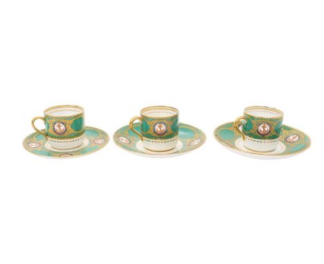 H.M. King Edward VII Royal Yacht coffee can and saucer with green and gilt ground and finely painted cyphers and pair matchin