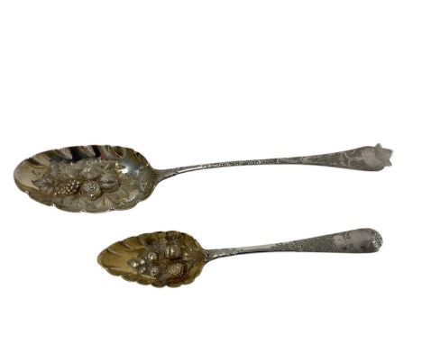 George II silver serving spoon, later converted to a large berry spoon, with raised fruit bowl and engraved stem (London 1753