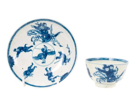 A Worcester tea bowl and saucer, circa 1770, painted in underglaze blue in the 'Eloping Bride' pattern, the back of the sauce