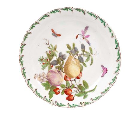 A Chelsea round dish, circa 1760, painted with fruits, leaves and insects, with green and red painted feathered edge, anchor 
