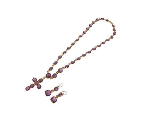 19th century amethyst, gold and enamel necklace with cross pendant and matching earrings, the cruciform pendant suspended fro