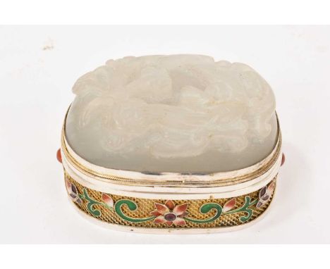Chinese silver and enamelled box with jade inset plaque, oval form, the jade plaque carved with a dragon, 7cm long