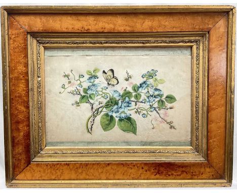 19th century Chinese still life painting on rice paper, a butterfly among foliage, 32cm x 22cm, in glazed antique maple and g