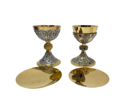 Contemporary Spanish silver and silver gilt chalice, with chased and engraved panels portraying the twelve apostles with thei