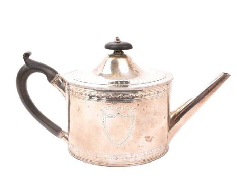 George III silver neo-classical teapot of oval drum form, with bright-cut decoration, hinged cover, straight spout and ebony 