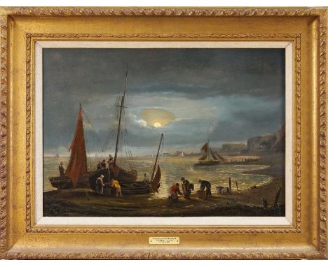 Circle of Thomas Luny (1759-1837) oil on panel - Fishermen unloading by Moonlight, 32cm x 45cm, in gilt frame