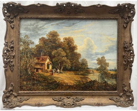 Joseph Paul (1804-1887) oil on panel - A river landscape with horse and rider and other figures by a cottage, 46cm x 36cm, in