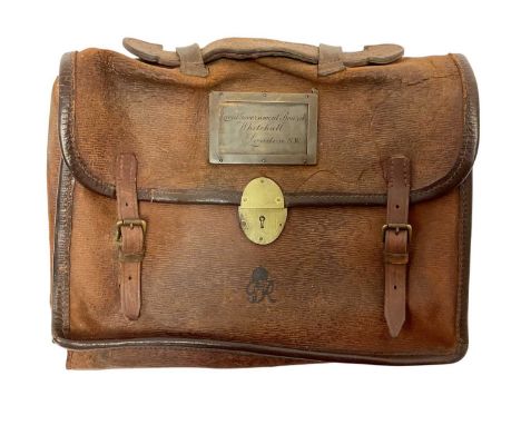 1930s King George VI Civil Service Government brown leather satchel, with brass plaque - "Local Government Board, Whitehall, 