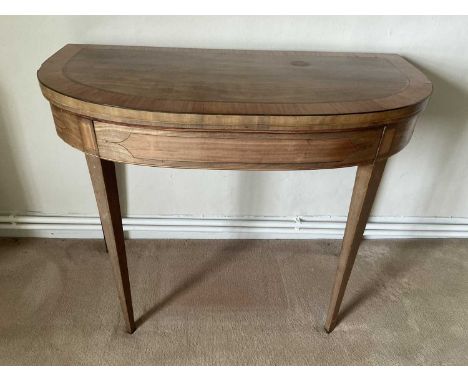 Regency mahogany and satinwood crossbanded card table, D-shaped fold over top on square tapered legs, 90cm wide x 45cm deep x