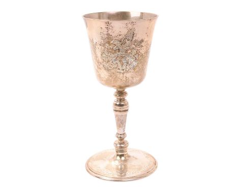 Contemporary silver cup, with inverted bell shaped bowl and engraved armorial crest, on a slender stem and circular pedestal 