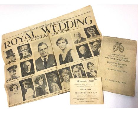 The Marriage of T.R.H. The Duke and Duchess of Kent 1934, list of wedding presents, wedding guest ticket and newspaper cuttin