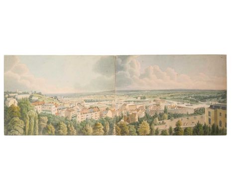 Thomas Remnant Charleton (1756-1849) watercolour, Panorama of Bath, mounted on to two card boards, total size 23 x 64cm. The 