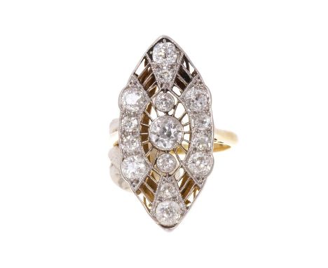 Art Deco cocktail ring with a marquise shape pierced openwork plaque set with fifteen graduated old cut diamonds in millegrai