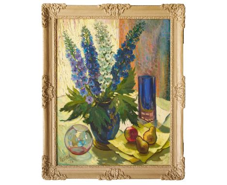 *James Everett Kessell (1915-1978) oil on board - Still Life Delphiniums, signed and dated '73, 93cm x 73cm, in painted frame