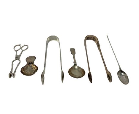 Selection of miscellaneous silver, including two pairs sugar tongs, mote spoon, two caddy spoons and a pair of Georgian silve