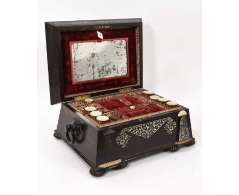 Early Victorian mother of pearl inlaid rosewood work box by Mechi, London, of sarcophagus form with fitted interior and origi