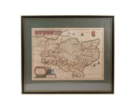 J Blaeu, handcoloured map of Kent 1665, original contemporary colour. Framed and glazed, 60cm x 70cm