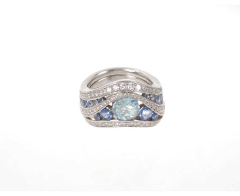 Fine Aquamarine and sapphire 'Glacier' ring in platinum, by Greg Holland, purchased new in New Zealand $16,949.85. The ring s