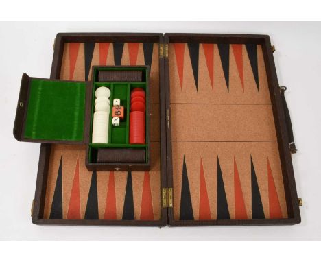 Good quality vintage backgammon set by Fortnum &amp; Mason of Piccadilly, with faux snakeskin outer case and counter tray, im