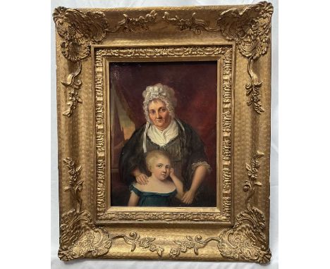 English School, 19th century, oil on tin panel - portrait of a mother and child, a church beyond, 24cm x 17.5cm, in gilt fram