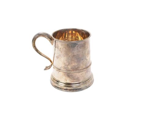 1930s silver mug of tapering form, with engraved presentation inscription and scroll handle (Sheffield 1933) William Hutton &