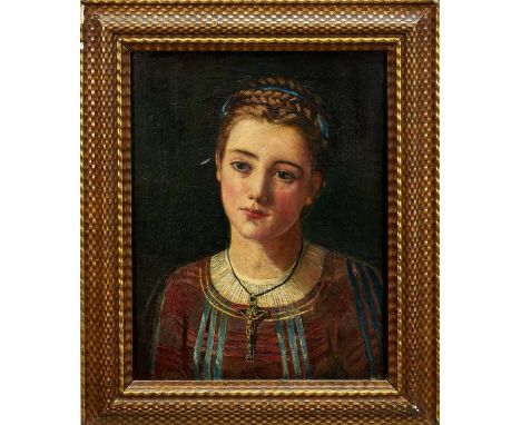 Victorian Art and Crafts School oil on canvas - portrait of a young lady, 46cm x 36cm, in gilt frameThe canvas has not been l