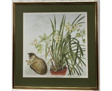 Elizabeth Blackadder (1931-2021) lithograph - Cymbidium and Abyssinian Cat, signed and titled below, 49cm x 49cm, in glazed f