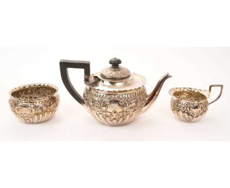 Victorian silver three piece Batchelor tea set, comprising tea pot of circular form, with embossed fluted and foliate decorat
