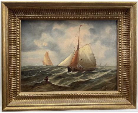 Christopher Mark Maskell (1846-1933) oil on canvas - Fishing Vessels at Sea, initialled, 23cm x 31cm, in gilt frame