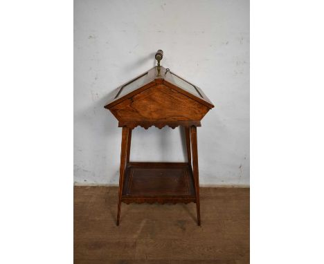 Victorian rosewood and line inlaid glazed needlework cabinet, of basket form with surmounting handle and hinged front on spla