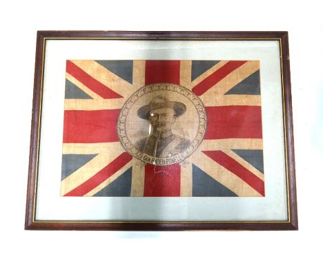 A portrait of Gen. Baden Powell, printed on linen against a Union flag back-drop, 45 x 64 cm, later mounted, framed and glaze