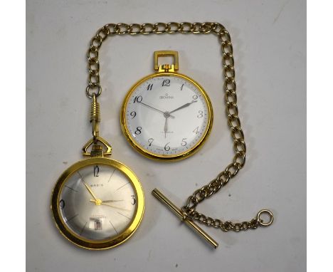 A gilt metal Basis open-faced pocket watch with Albert chain, to/w a Grovana pocket watch with 17 jewel Swiss movement (2)