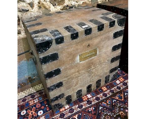 R &amp; S Garrard &amp; Co, London, a 19th century iron bound limed oak silver trunk with carrying handles to sides, retailer