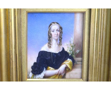 Early 19th century Continental School, portrait miniature of an elegant lady with pearl head-dress, long side curls and black